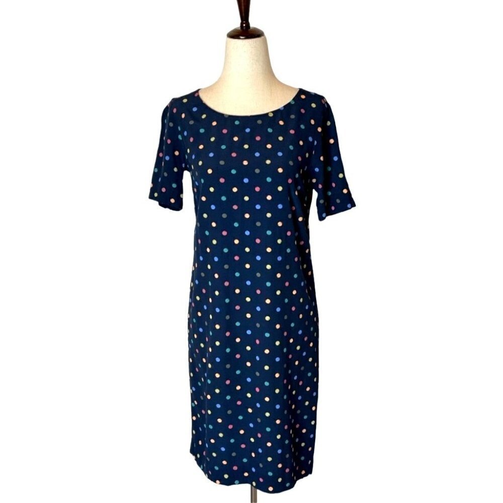 J. Jill Navy‎ Blue Multi Color Polka Dot Rayon Short Sleeve Shift Dress Size 2